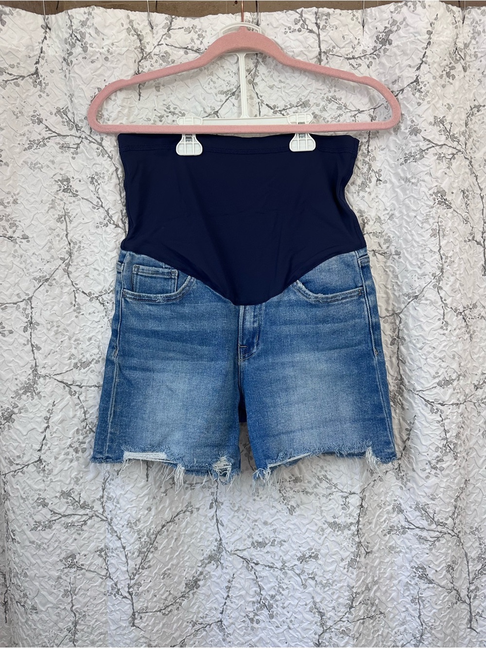 Blue Distressed Frayed Hem Maternity Shorts